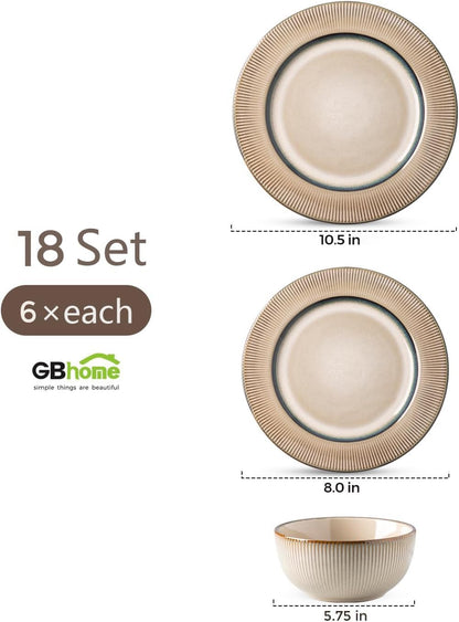 GBHOME Ceramic Dinnerware Sets, 18 Piece Embossed Elegant Stoneware Plates and Bowls Sets