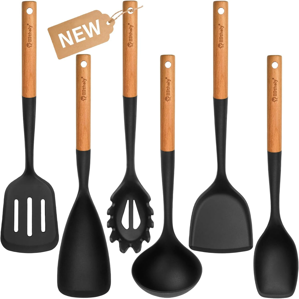 Silicone Cooking Utensils Set, 6 Pack Large Kitchen Utensils Set with Wooden Handle, Heat Resistant