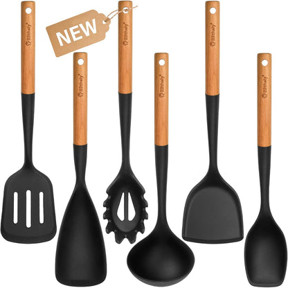 Silicone Cooking Utensils Set, 6 Pack Large Kitchen Utensils Set with Wooden Handle, Heat Resistant