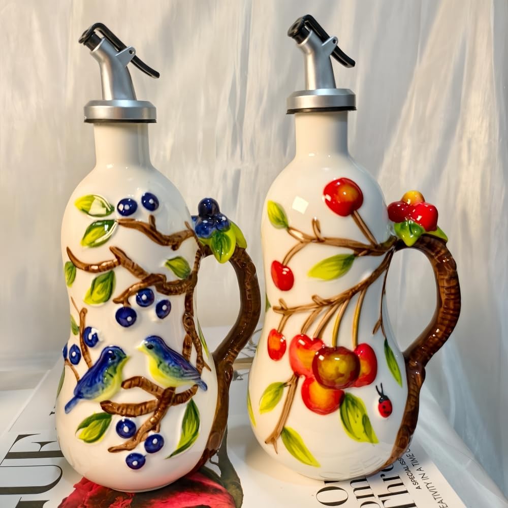18.26oz/540ml Ceramics Olive Oil Dispenser Bottle,Hand Painted Reliefs Oil Dispenser for