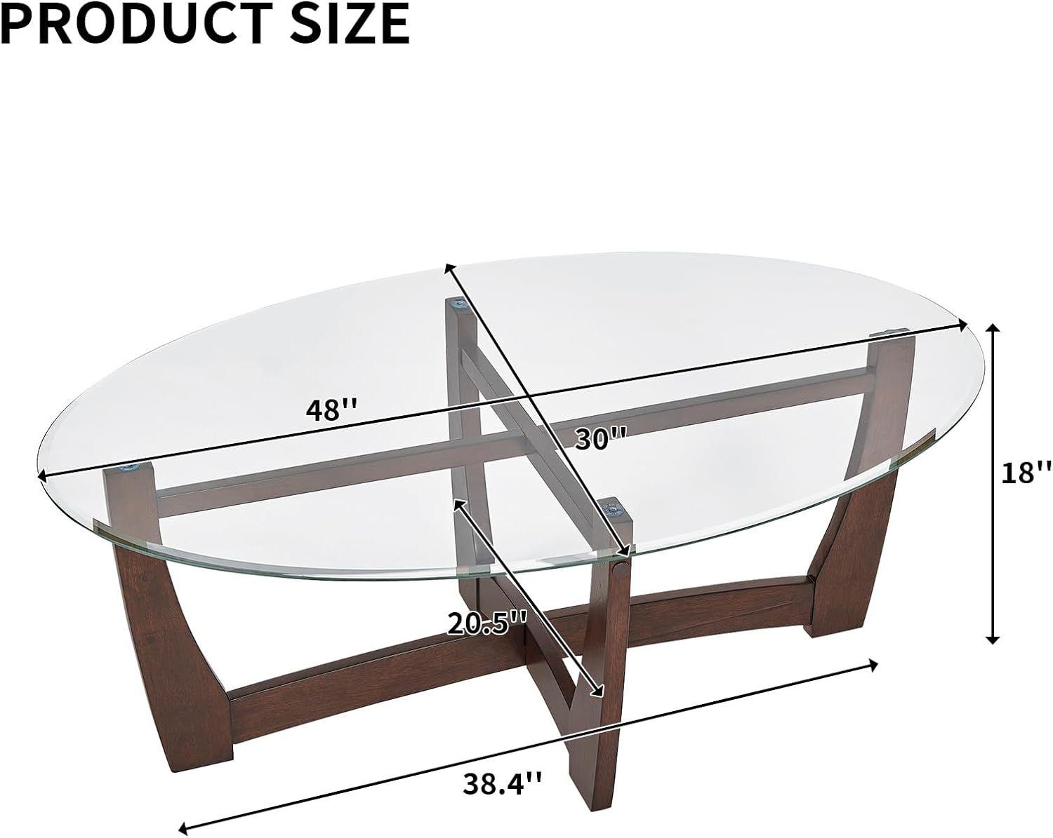 48" Oval Glass Coffee Table with Tempered Glass Top Cross and Solid Wood Base Simple & Modern