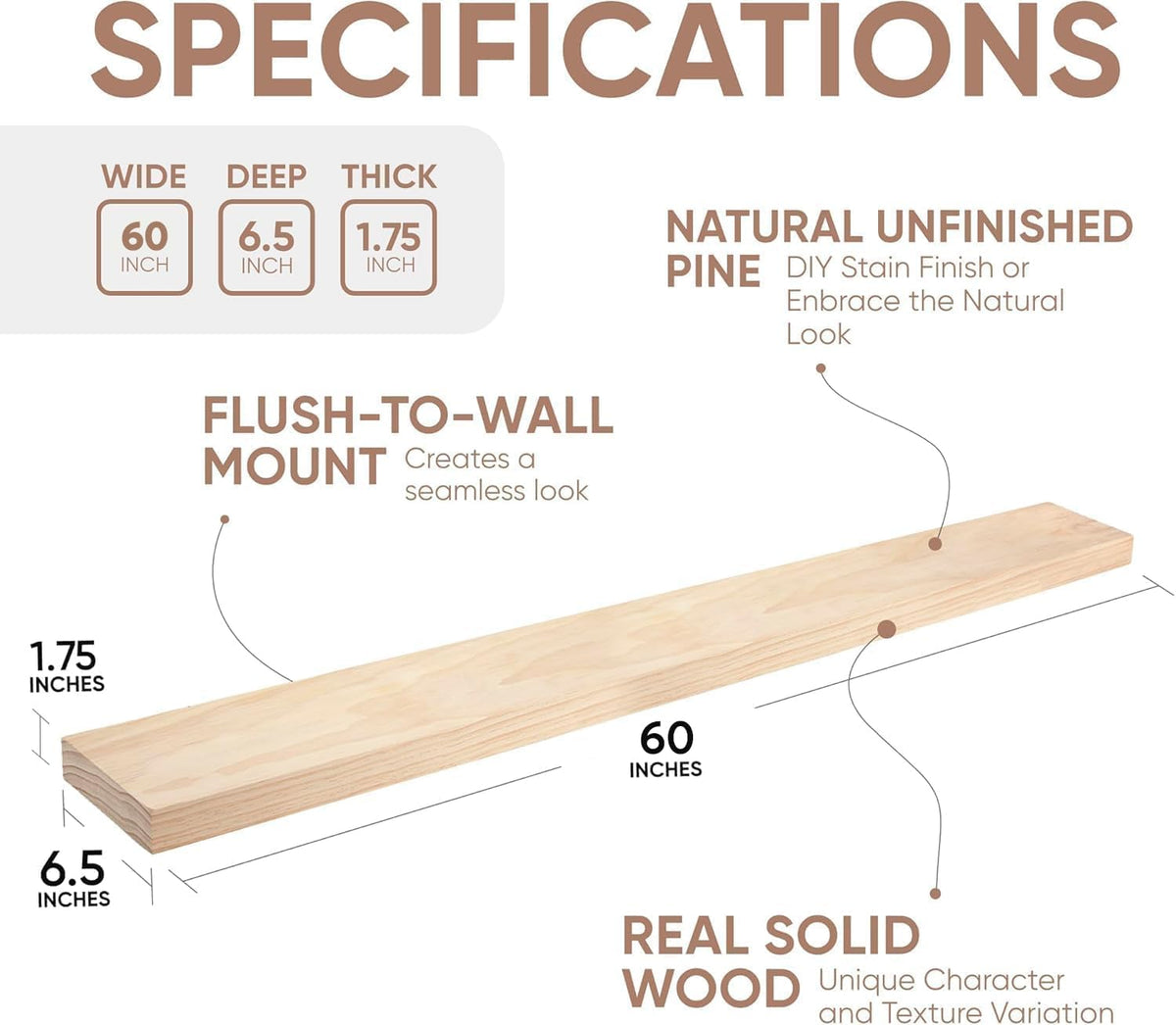 Homeforia 60 inch Wood Floating Shelf, High End Solid Natural Long Wood Shelf for Wall 60 inches