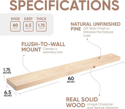 Homeforia 60 inch Wood Floating Shelf, High End Solid Natural Long Wood Shelf for Wall 60 inches