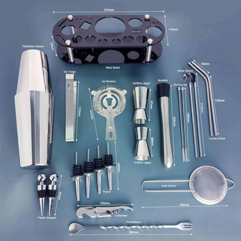 22-Piece Cocktail Shaker Set, 25/20oz Bartender Kit, Bartending Stainless Steel Bar Tools Sets for