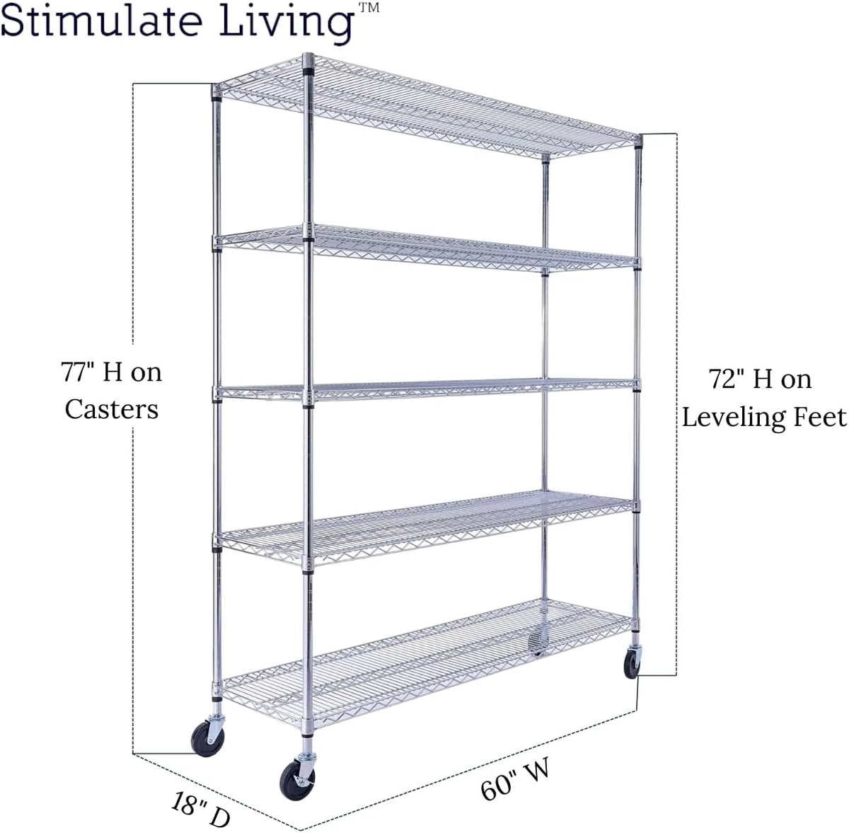 60"x18"x72" PRIME HEAVY DUTY Chrome 5-Tier Wire Shelving 4000 LBS MAX Capacity Storage Rack for