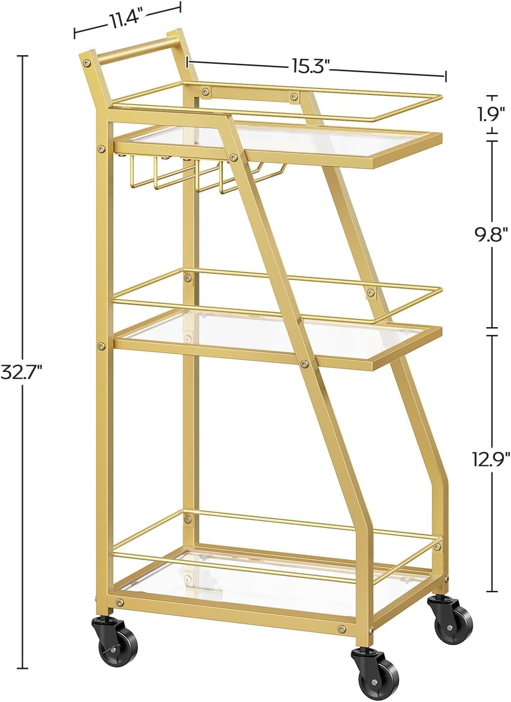 Bar Cart, 3-Tier Bar Cart for The Home, Home Bar Serving Cart with Glass Holders, Beverage Cart for
