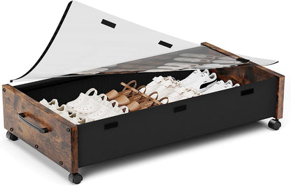 Wooden Under Bed Storage with Wheels, Rolling Under the Bed Storage Bins with Removable Lid, Metal
