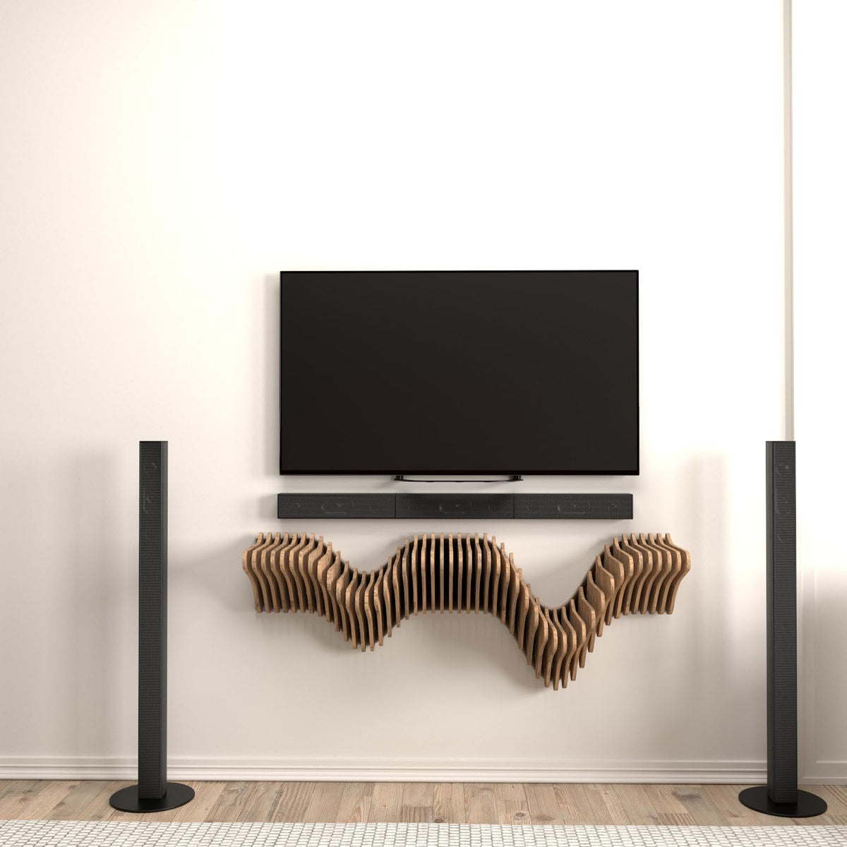 Parametric 40 inch Floating Shelf TV Unit Modern Geometric Wooden Wall Piece Decor Natural Oak