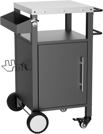 KEIKI Outdoor Grill Cart with Storage and Wheels, Rolling BBQ Prep Table with Spice Rack, Hooks
