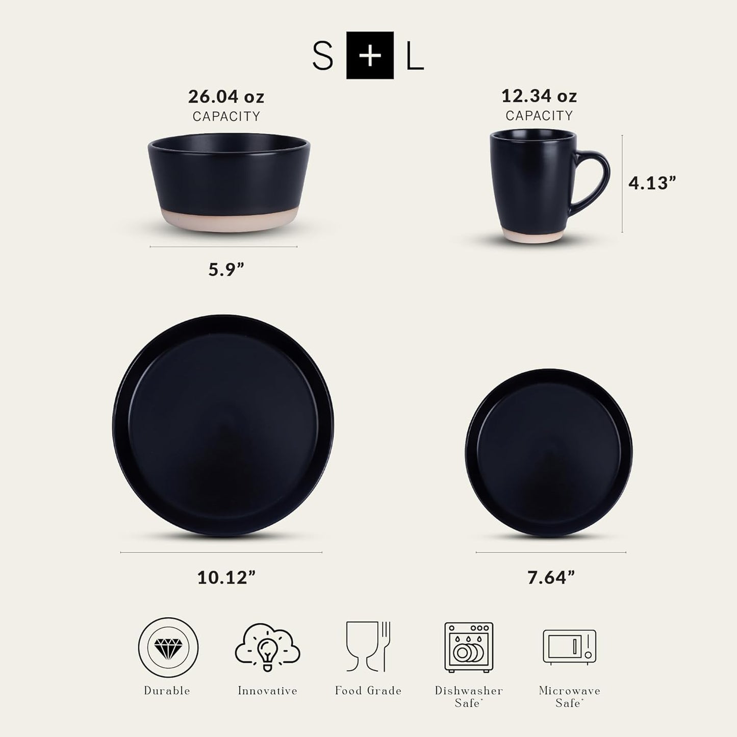 Stone Lain Jules Modern Stoneware 32-Piece Round Black Dinnerware Set, Plates and Bowls Sets, Dish
