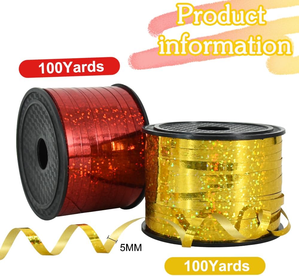 BEISHIDA 2 Pack 100 Yards Red Gold Ribbon Curling Crimped Glitter Balloon String Shiny Metallic for