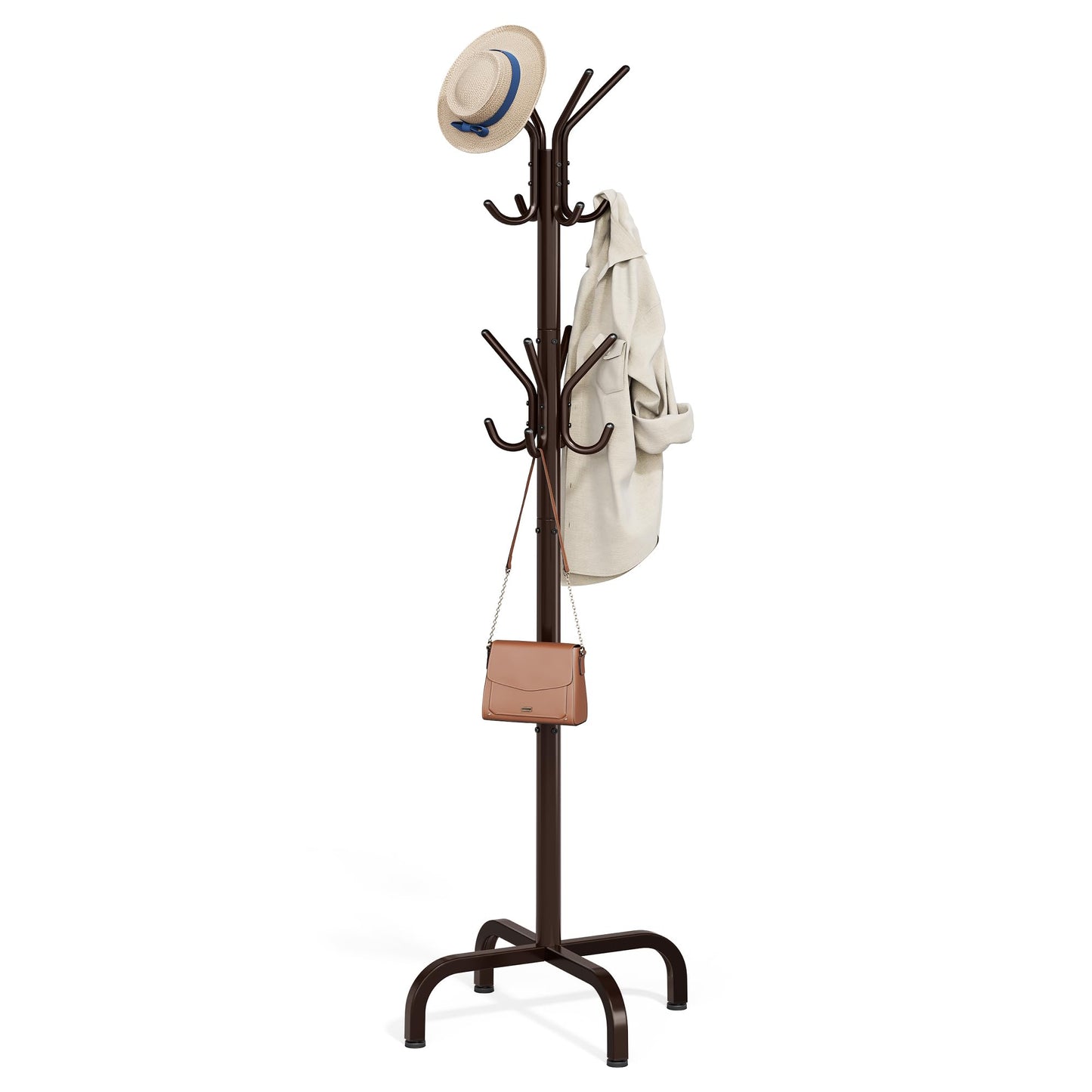 SONGMICS Coat Rack Freestanding with 16 Hooks, Metal Coat Tree Stand with 4 Adjustable Feet