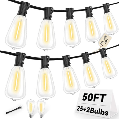 ST38 50FT LED Outdoor String Lights with 25+2 Spare Bulbs, E12 Socket, 2700K Warm White-for