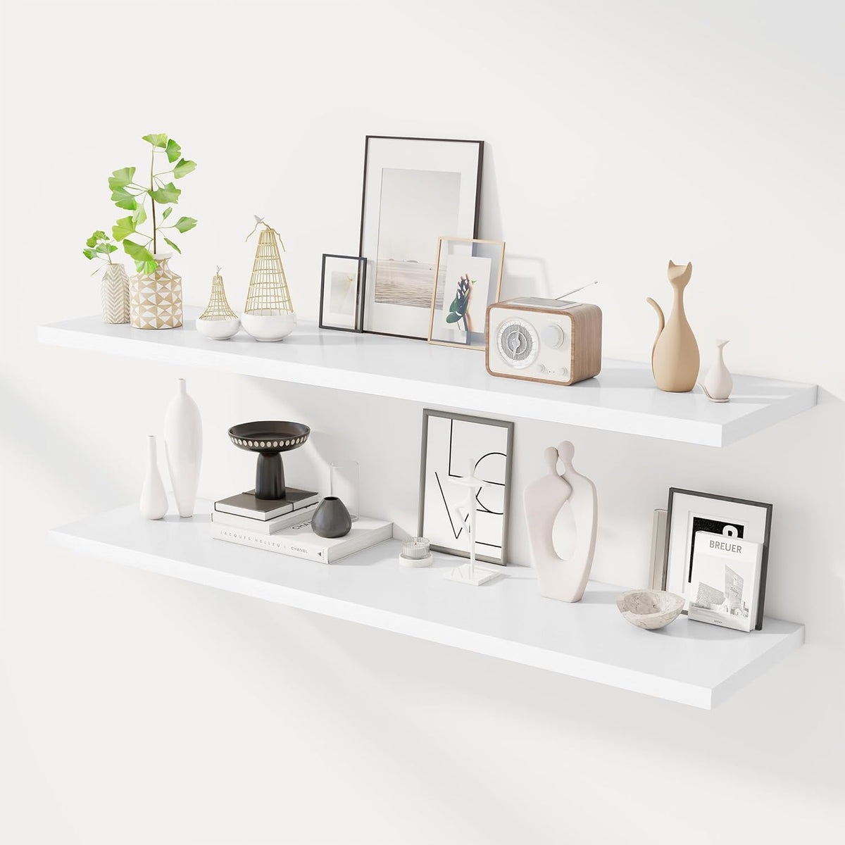 55" Floating Shelves for Wall, 12" Deep Slim White Floating Shelves, Wall-Mounted Shelves for