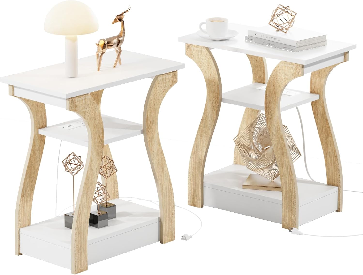 End Table Set of 2 with Charging Station, Side Table with USB Ports and Outlets, Nightstand, 3 Tier