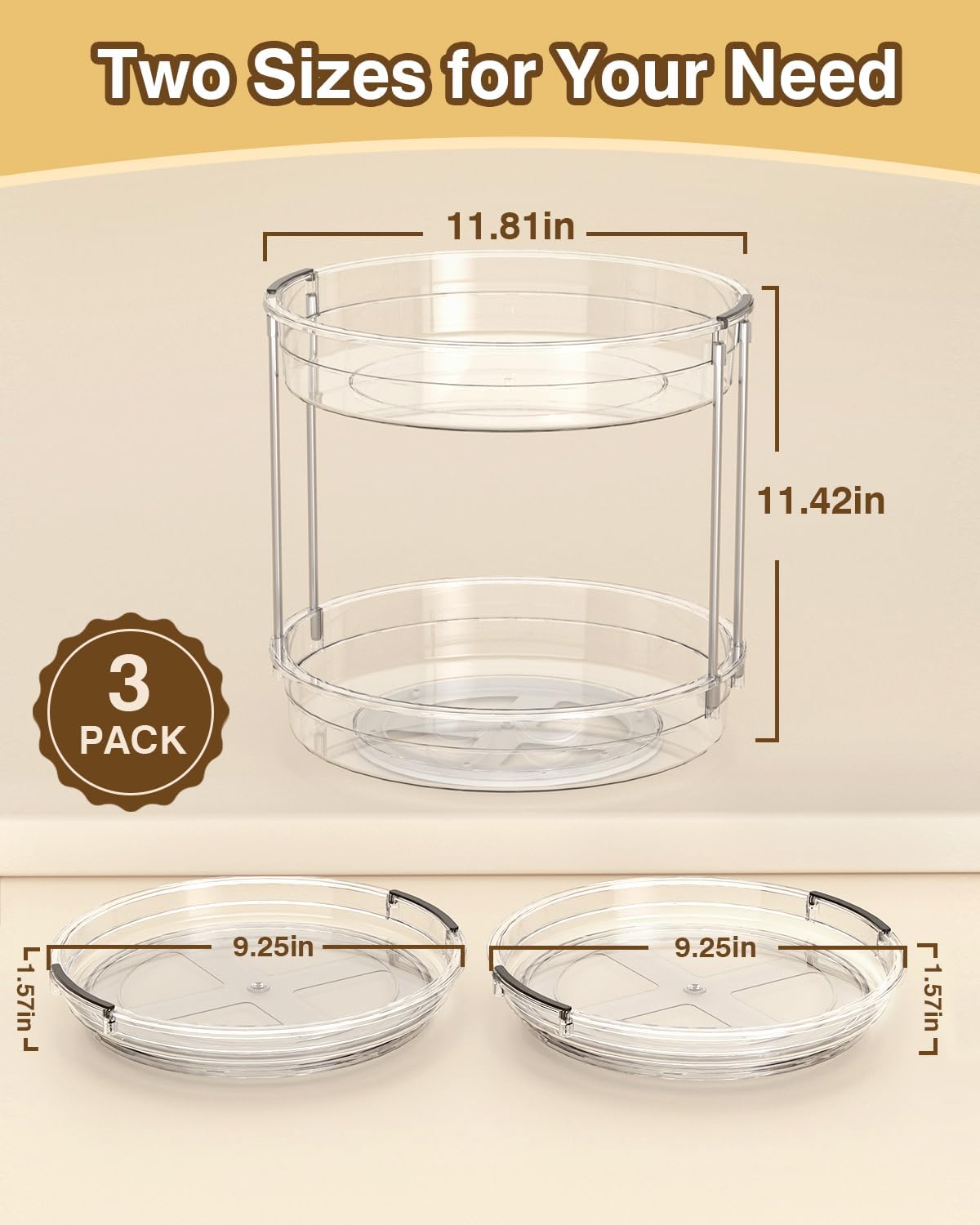 2 Pack Lazy Susan Organizer 9.25''and 11.81'' Two-Tier Lazy Susan Turntable for Cabinet, Spice