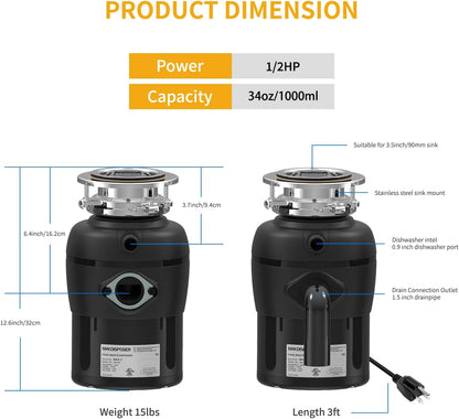 Garbage Disposal 1/2 HP Easy install Quiet with Stopper Power Cord, Kitchen sink Food Waste