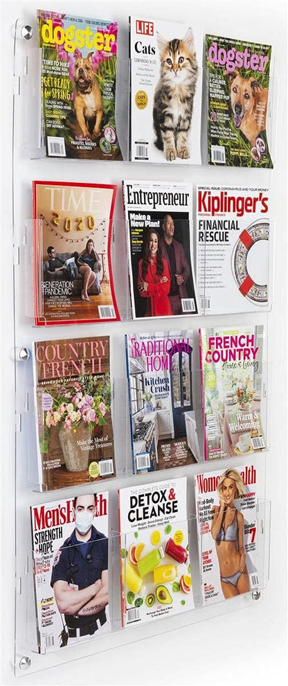 Displays2go Acrylic Brochure Rack, Wall-Mount, 4-Tiered, 12 to 24 Adjustable Pockets - Clear