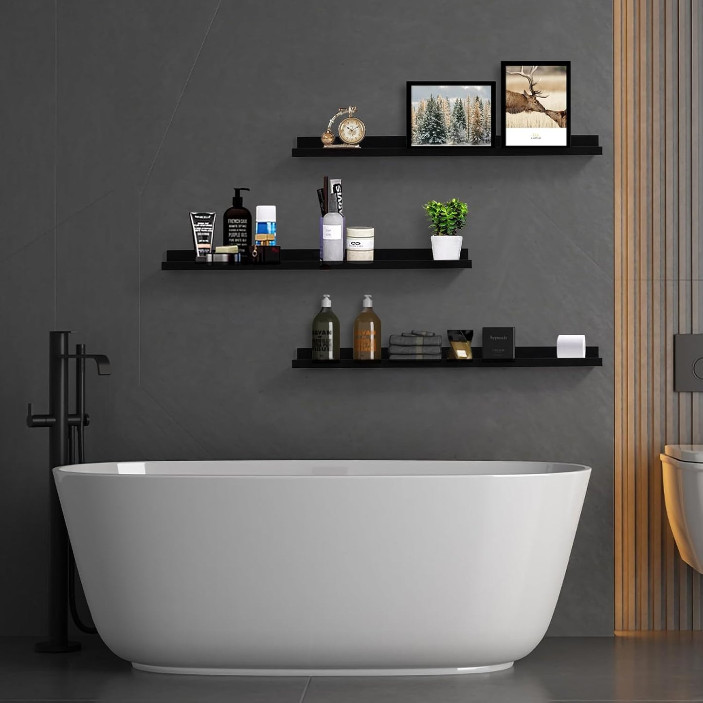 Long Floating Folding Shelves 48 Inch Wood Picture Ledge Shelf with Lip for Wall Black Storage