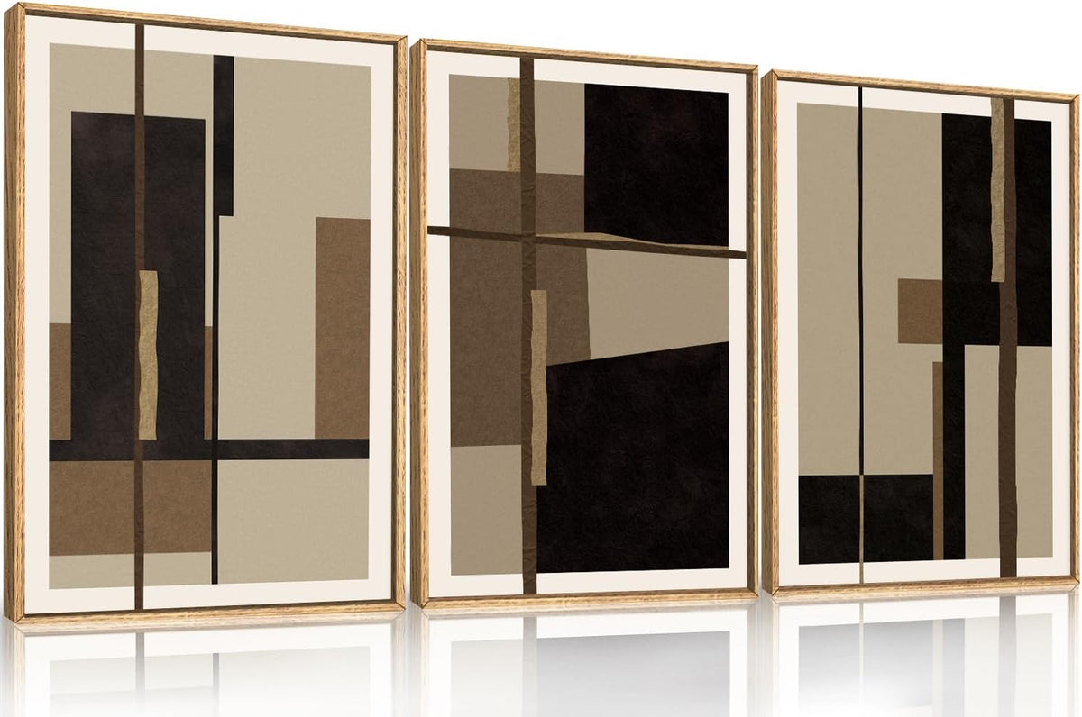 Abstract Shapes Framed Canvas Wall Art Set, Mid-Century Black Polygon Wall Decor, Black Brown