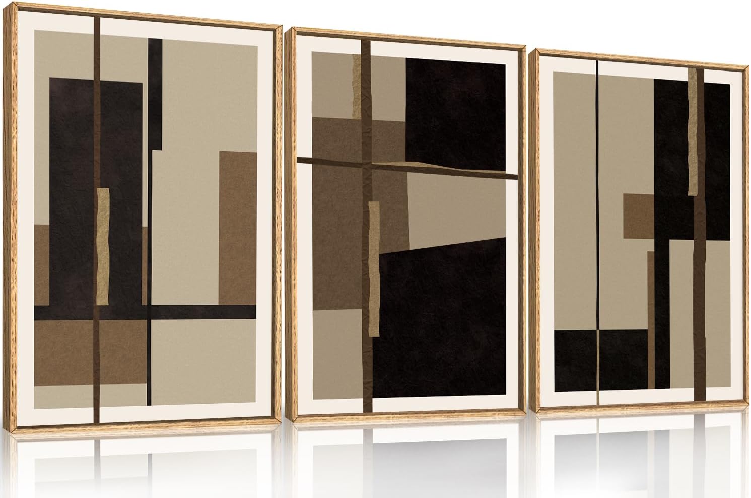 Abstract Shapes Framed Canvas Wall Art Set, Mid-Century Black Polygon Wall Decor, Black Brown