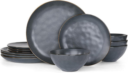 Famiware Dinnerware Sets for 4, Ocean Round 12-Piece Kitchen Plates and Bowls Sets, Microwave and