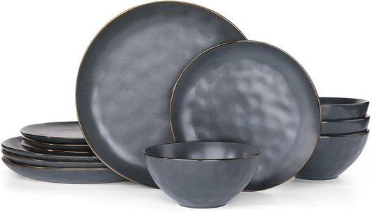 Famiware Dinnerware Sets for 4, Ocean Round 12-Piece Kitchen Plates and Bowls Sets, Microwave and