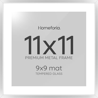 Homeforia 11x11 Picture Frame Silver, High End Metal 11 by 11 Square Frames with Mat 9 x 9 Photo