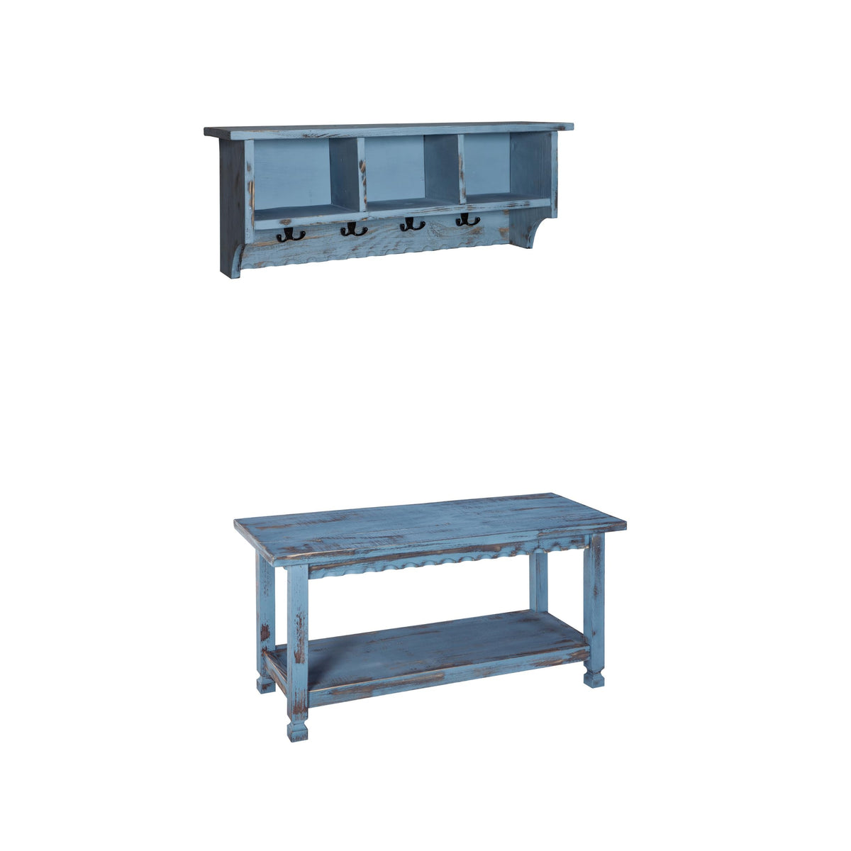 Country Cottage 36" Wall-Mount Coat Rack and Entryway Bench Set – Coat Hanger with Cubbies and