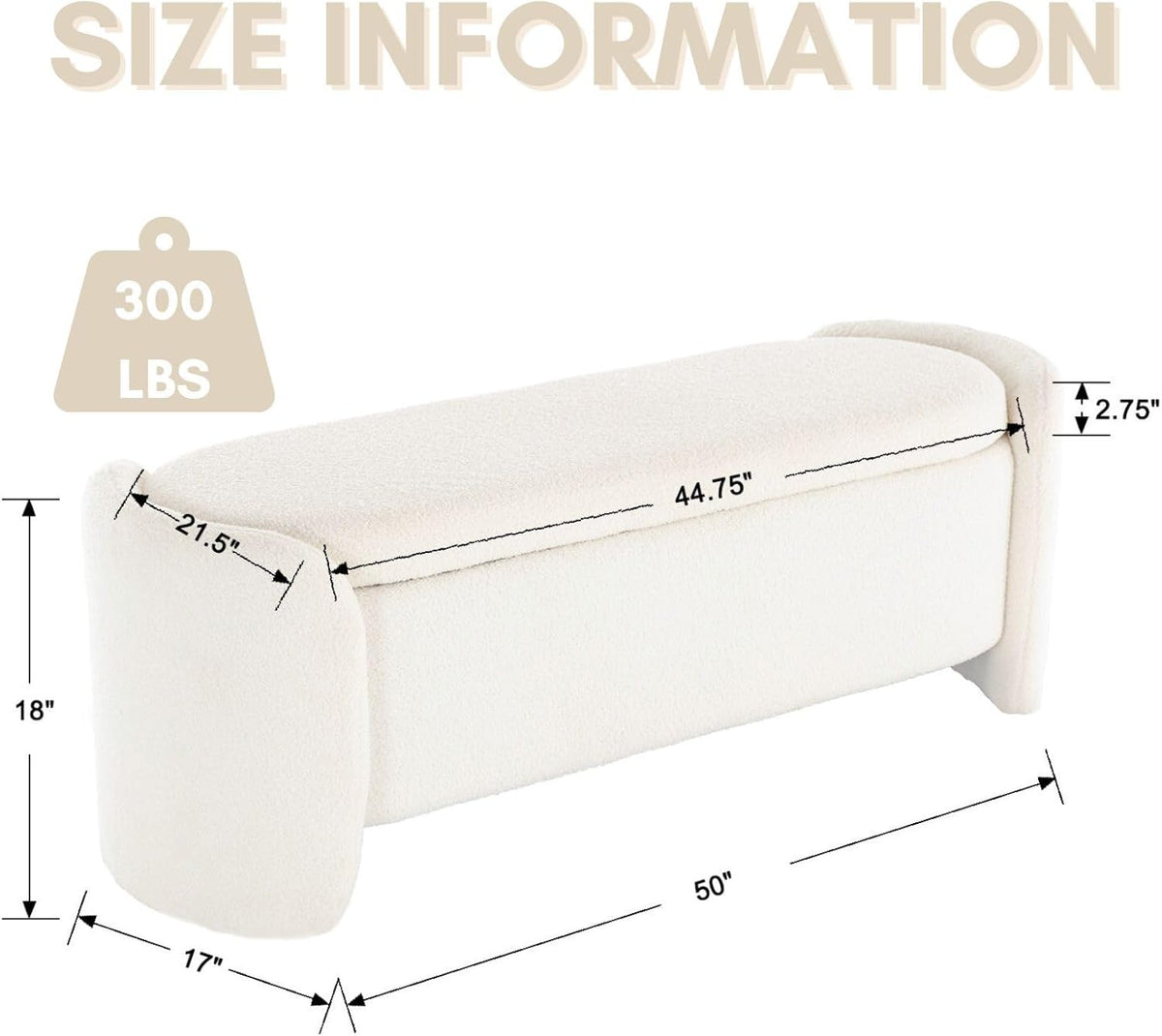 ROCTY White Boucle Storage Bench - 50" Sherpa Ottoman Bench for Bedroom, Entryway, Living Room &