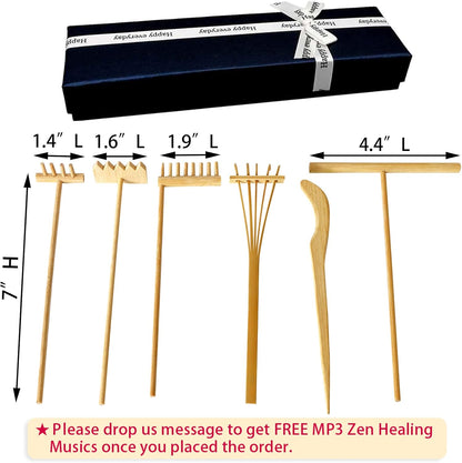 Mini Zen Garden Rake Set 6PCS - Premium Natural Bamboo Sand Rakes with Gift Box - Zen Garden Tools