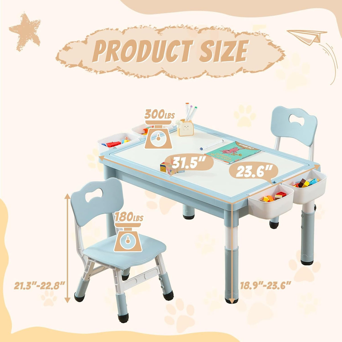 Multi Functional Kids Table and 2 Chairs Set, Graffiti & Building Blocks Double-Sided Tabletop