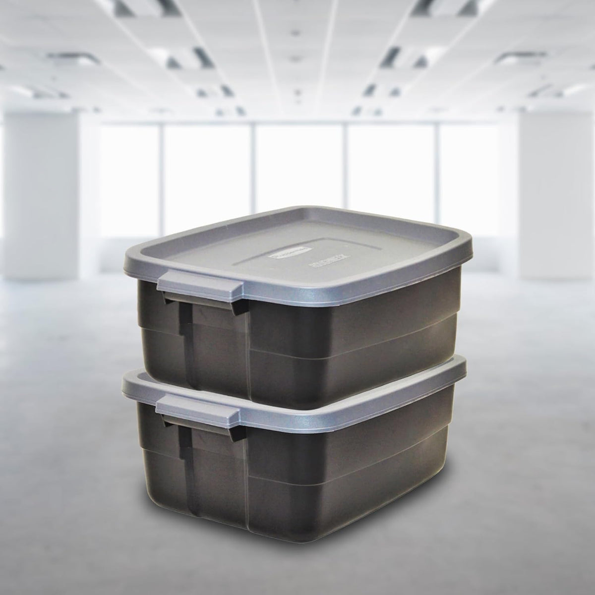 Rubbermaid Roughneck Tote 10 Gal, 6 Pack, Made in USA, Black & Gray, Rugged Plastic Stackable