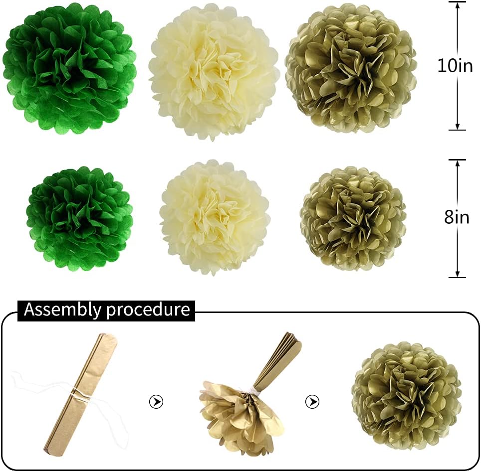 Green Gold Party Decorations, Hanging Paper Lanterns and Pom Poms Flowers for Woodland Baby Shower