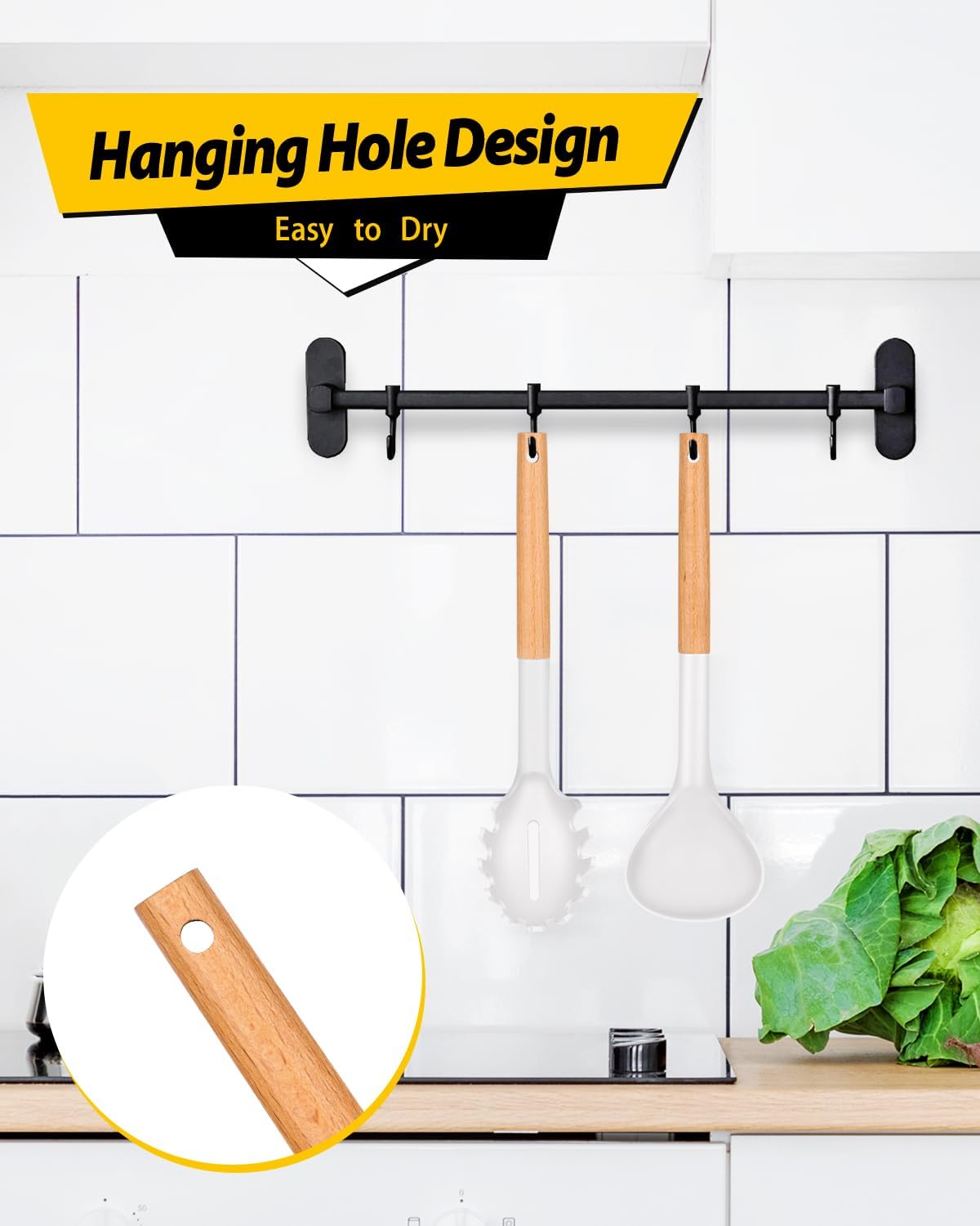 Silicone Pasta Fork and Ladle Spoon Set with Wooden Handle, Heat Resistant Non Stick Kitchen