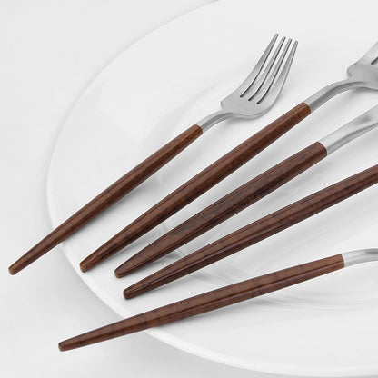 Matte Silver Silverware Set With Brown Handle, Vanys 20 Piece Stainless Steel Cutlery Flatware Set