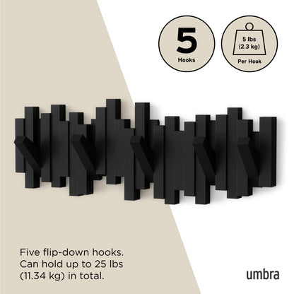 Umbra Sticks Wall Mount Coat Rack, 5 Hook Retractable Pegs, Black