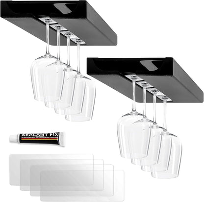2PC Black Wooden Hanging Wine Glass Rack - Wall Mount Stemware Holder 25.3x11x2 cm - Space Saving