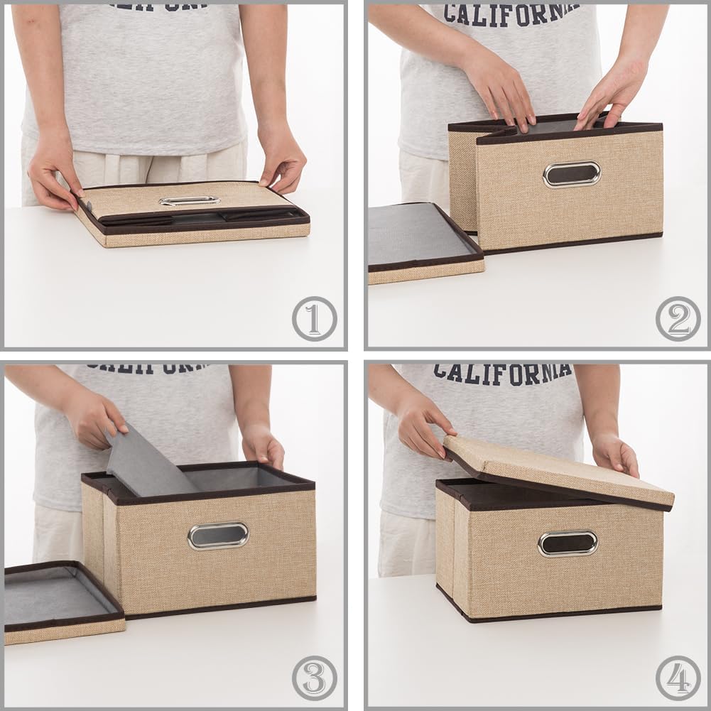 PRANDOM Storage Bins with Lids [3-Pack] Jute Fabric Foldable Storage Boxes Organizer Containers