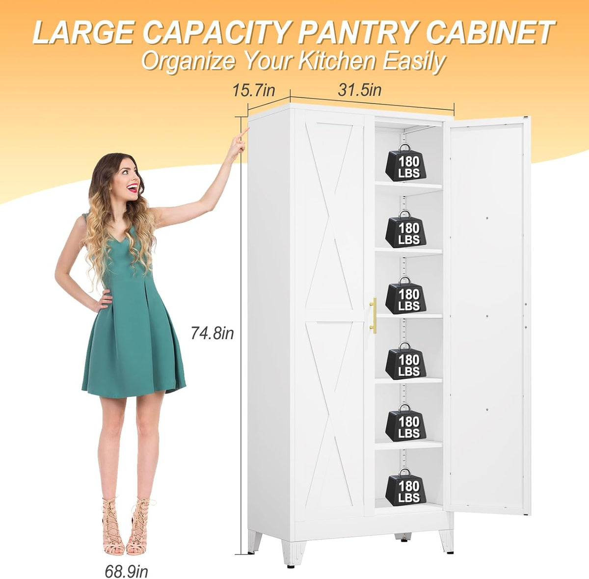 75" Tall Metal Kitchen Pantry Storage Cabinet, Freestanding Cupboard with 2 Doors and 5 Adjustable