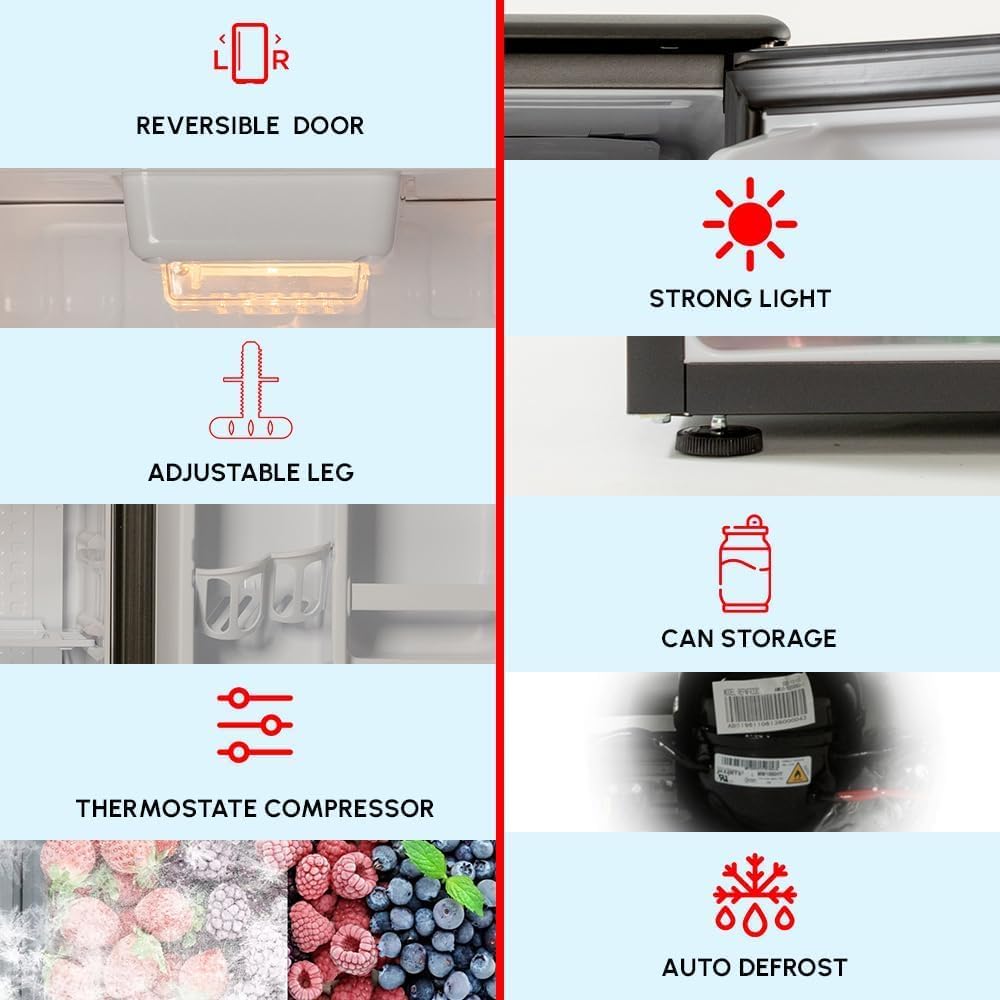 E-Star 3.3 Cu Ft Mini Fridge without Freezer - AUTO DEFROST, Reversible Single Door, Glass Shelf