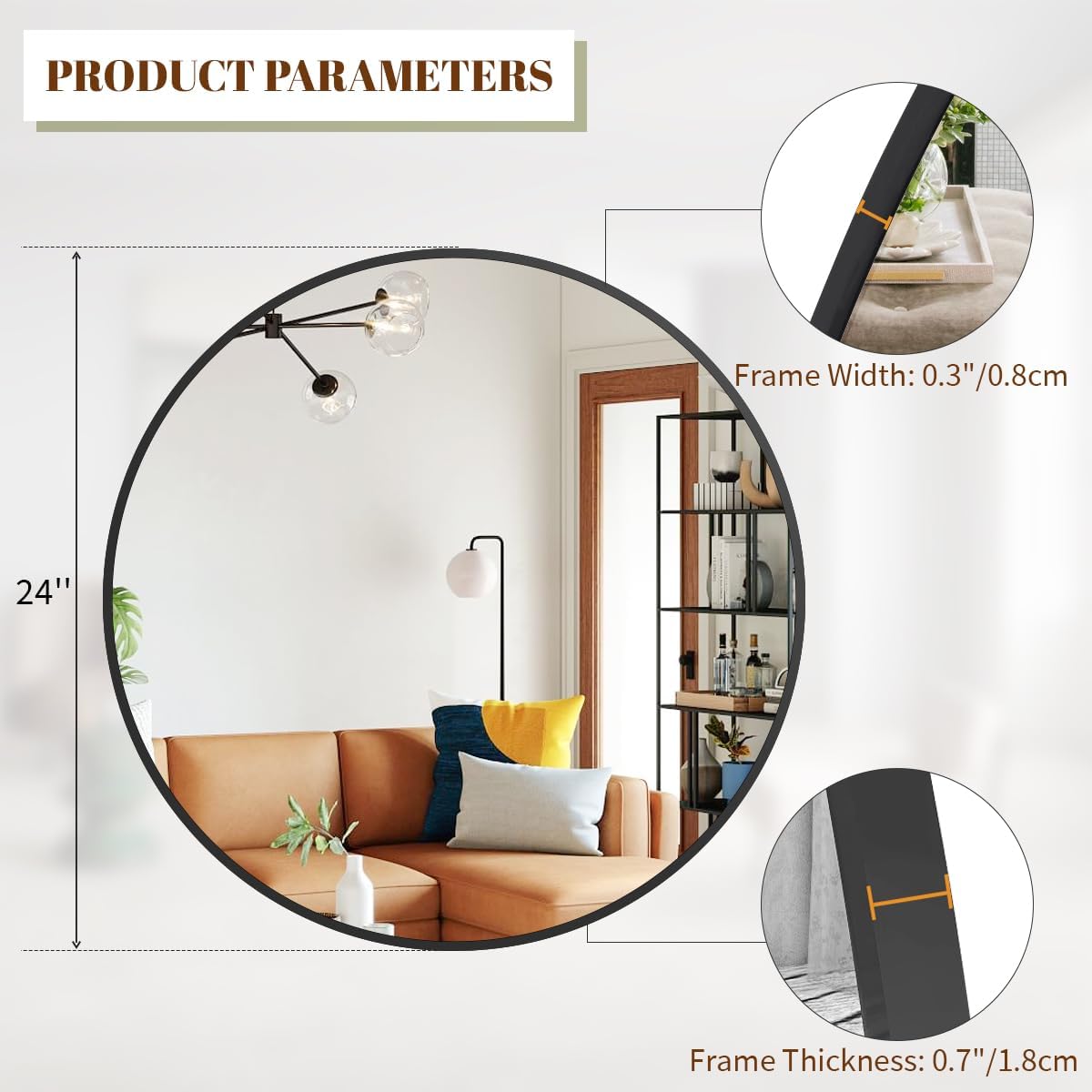 BEAUTYPEAK 24 Inch Round Mirror, Metal Frame Circle Mirror, Wall Mounted for Entryway, Bathroom