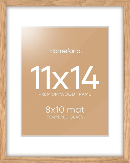 Homeforia 11x14 Picture Frame Wood, High End Natural Oak 11x14 Light Wooden Poster Frames with Mat