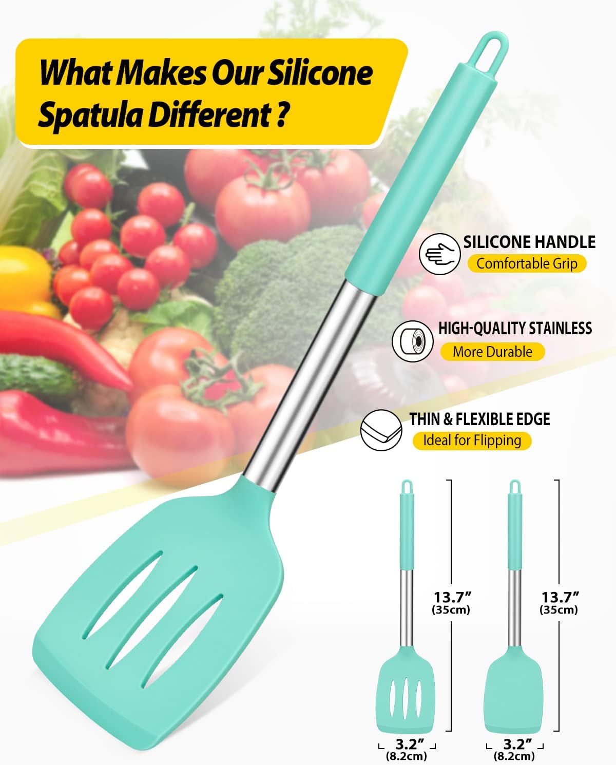 Pack of 2 Silicone Solid Turner, Non Stick Slotted Kitchen Spatulas, High Heat Resistant BPA Free