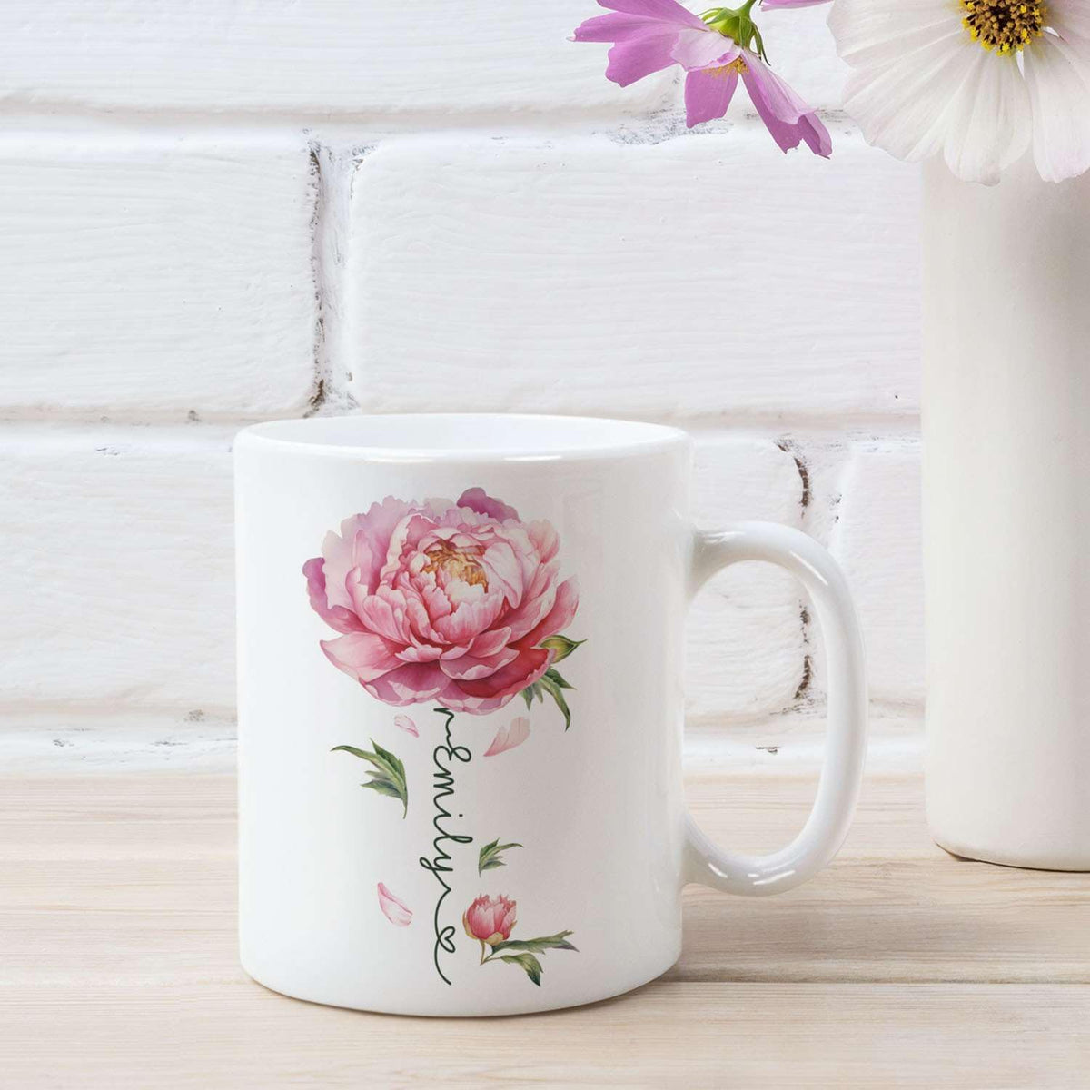 Flower Design Mug With Custom Name, Unique Peony Flower Ceramic Cup, Customized Flower Lover Coffee