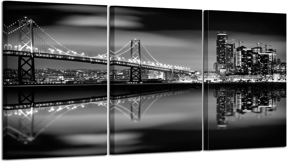KREATIVE ARTS - San Francisco Bay at Night in Black and White Bridge 3 Panels Modern Landscape