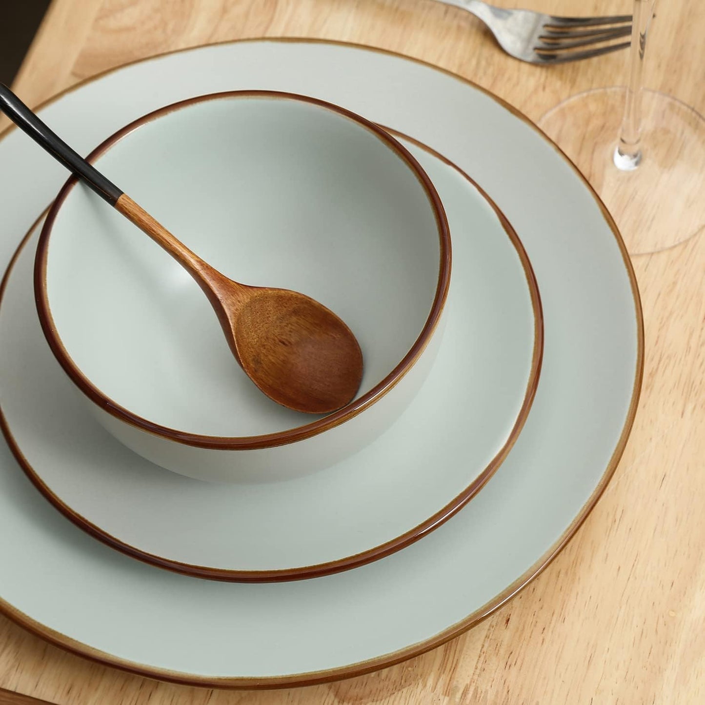 Stone Lain, Stoneware, Service for 4, Light Green, Plates and Bowls Sets, Dinnerware Set with 4