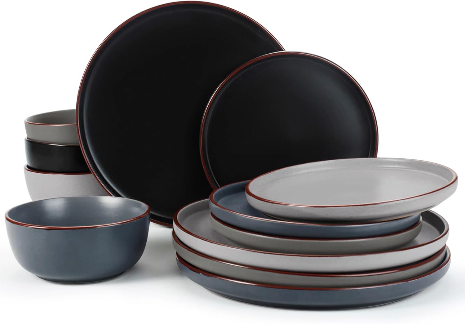 Famiware Mercury Plates and Bowls Sets, 12 Pieces Stoneware Dinnerware Sets, Dishes Set for 4