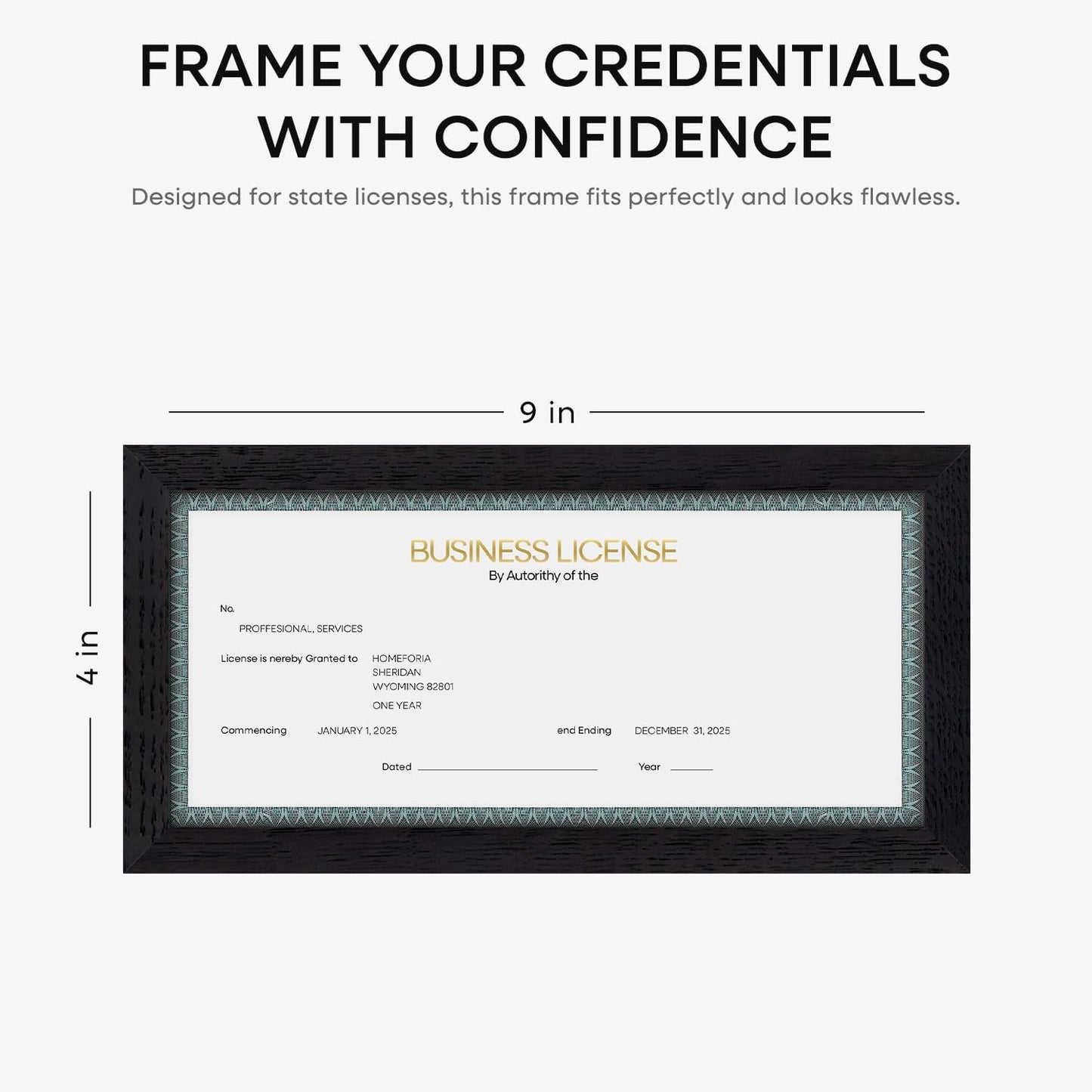 Homeforia 4x9 Business License Frame Black, High End Oak 4 x 9 Black Wood Certificate Frames, 9x4