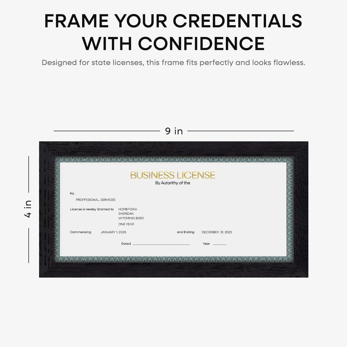 Homeforia 4x9 Business License Frame Black, High End Oak 4 x 9 Black Wood Certificate Frames, 9x4
